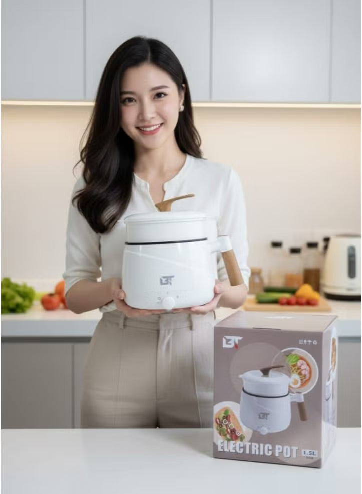 Electric Hot Pot 1.5L – Non-Stick Mini Cooker with Steamer for Noodles, Soup & Ramen